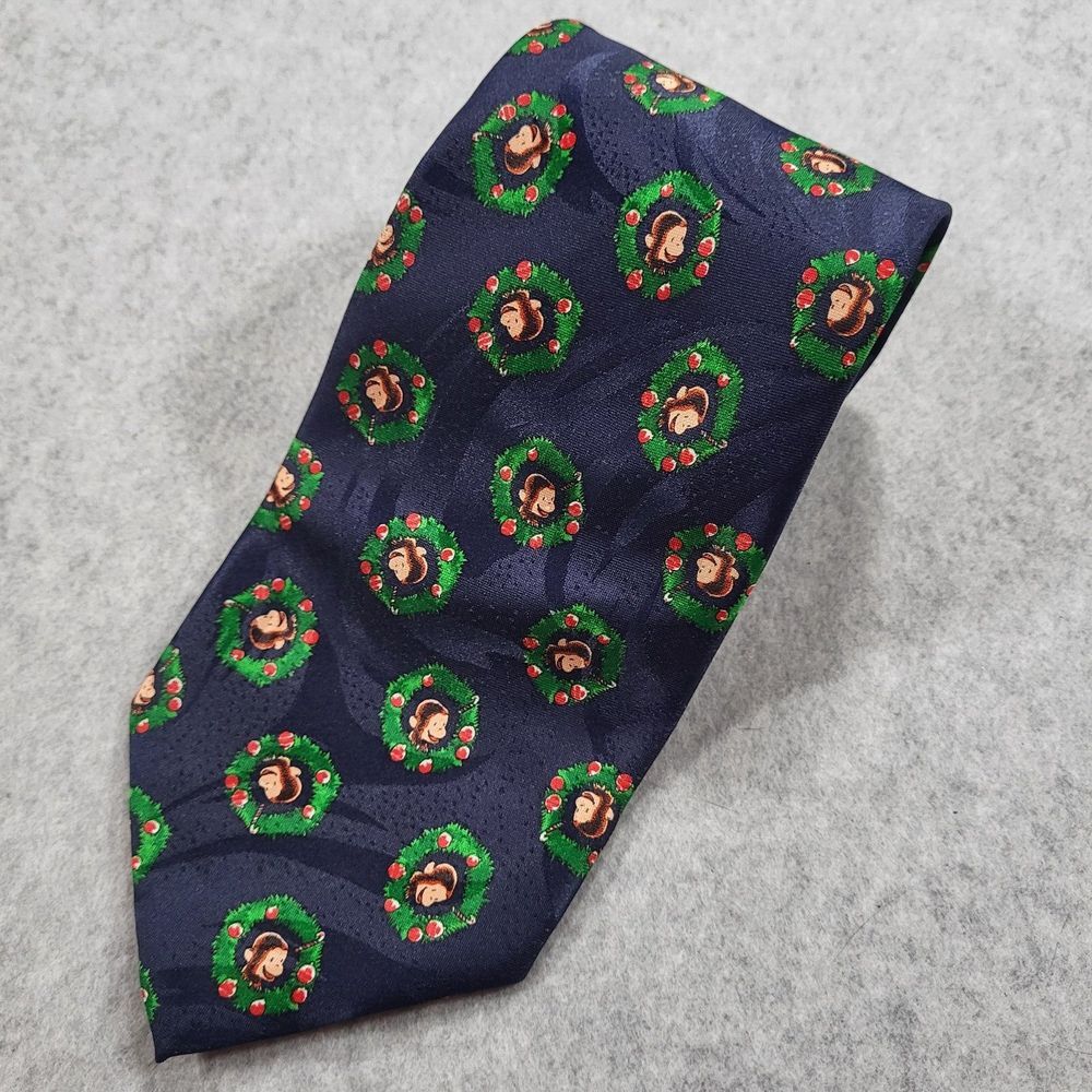 Vtg Curious George‎ Christmas Wreaths Blue Mens Neck Tie Approx 56"x4"